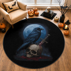 Horror Raven On Skull Round Rug Full Moon Gothic Art