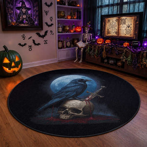 Horror Raven On Skull Round Rug Full Moon Gothic Art