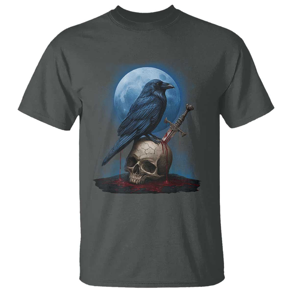 Horror Raven On Skull T Shirt Full Moon Gothic Art TS12 Dark Heather Print Your Wear