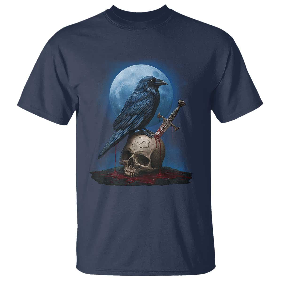 Horror Raven On Skull T Shirt Full Moon Gothic Art TS12 Navy Print Your Wear