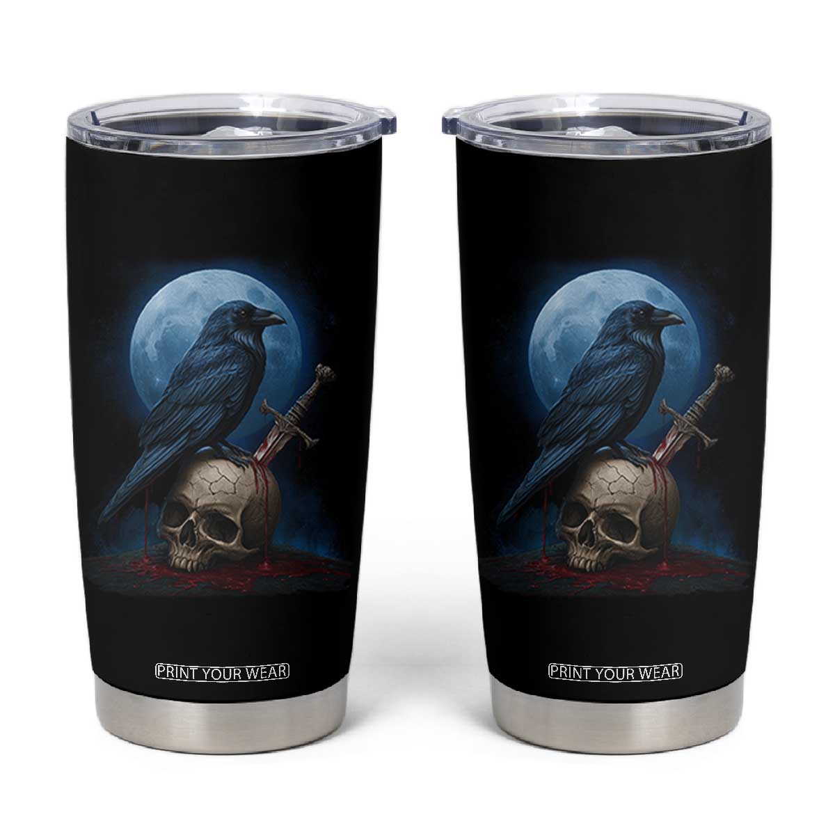 Horror Raven On Skull Tumbler Cup Full Moon Gothic Art TS12 Black Print Your Wear