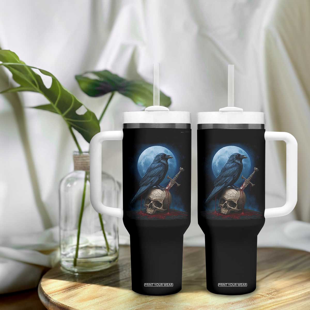Horror Raven On Skull Tumbler With Handle Full Moon Gothic Art TS12 Print Your Wear