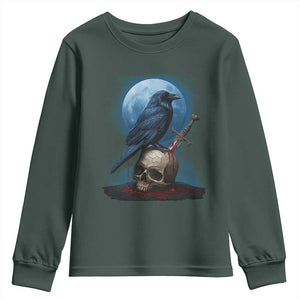 Horror Raven On Skull Youth Sweatshirt Full Moon Gothic Art TS12 Dark Forest Green Print Your Wear