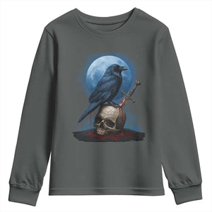 Horror Raven On Skull Youth Sweatshirt Full Moon Gothic Art TS12 Dark Heather Print Your Wear