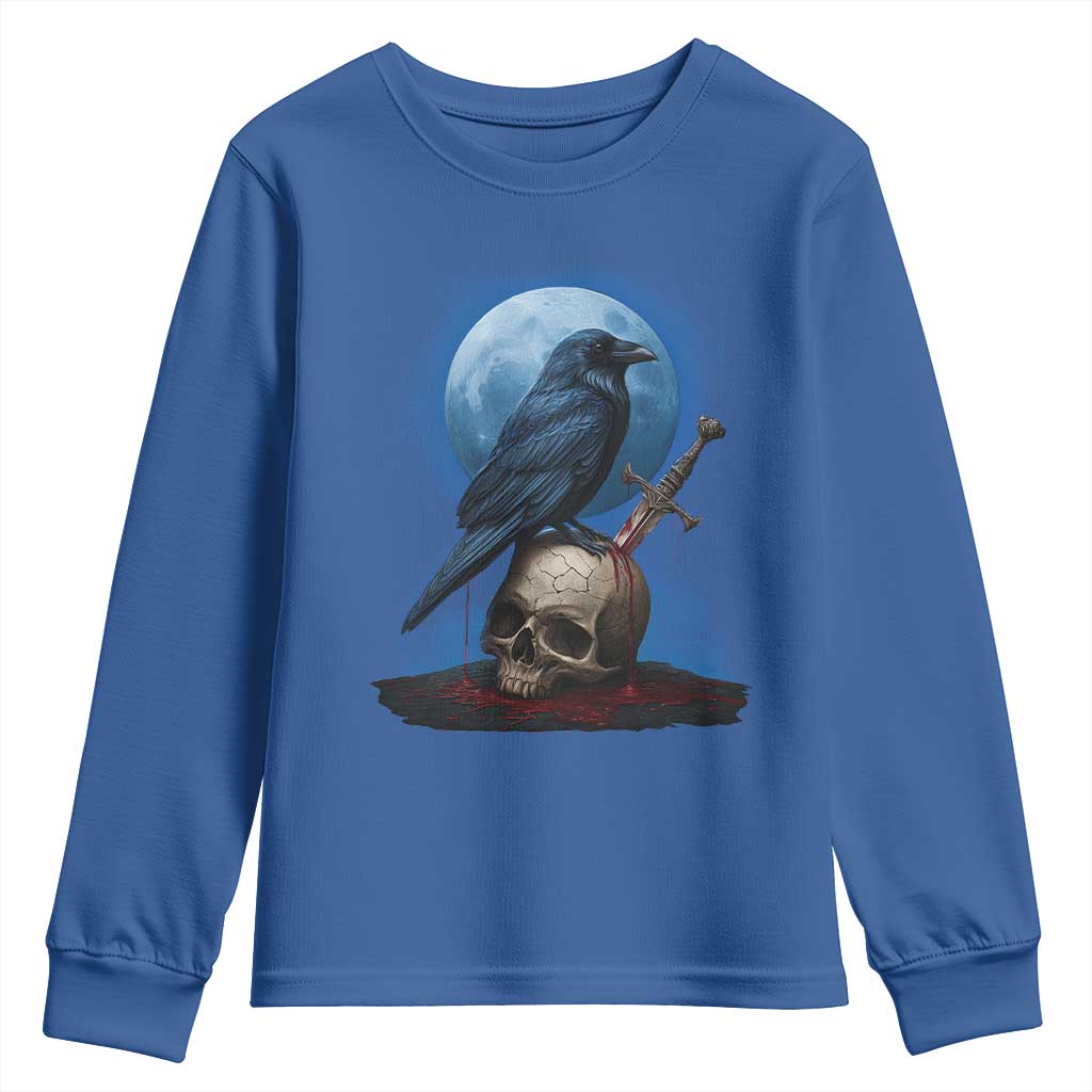 Horror Raven On Skull Youth Sweatshirt Full Moon Gothic Art TS12 Royal Blue Print Your Wear