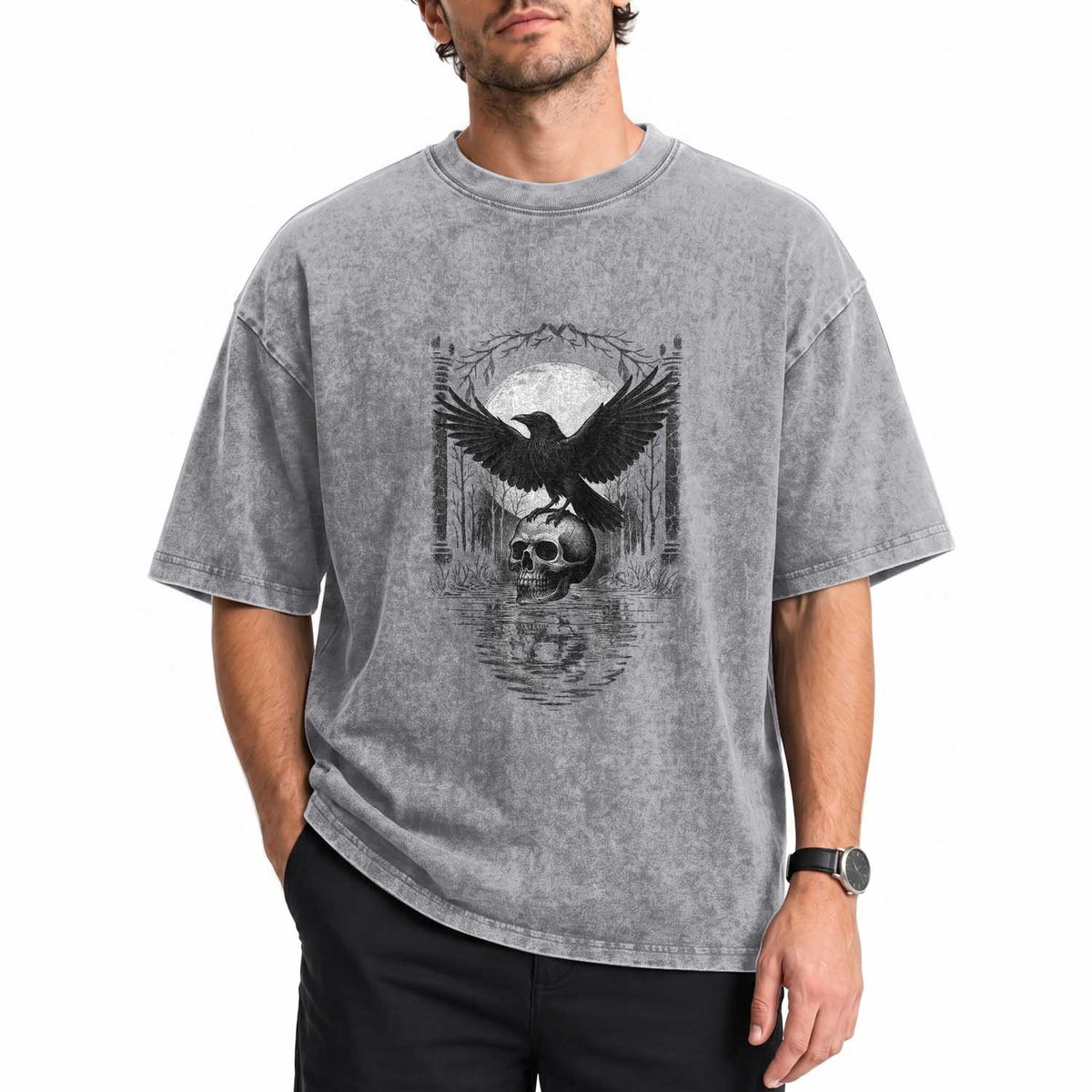 Gothic Raven On Skull With Full Moon Washed Cotton T-Shirt