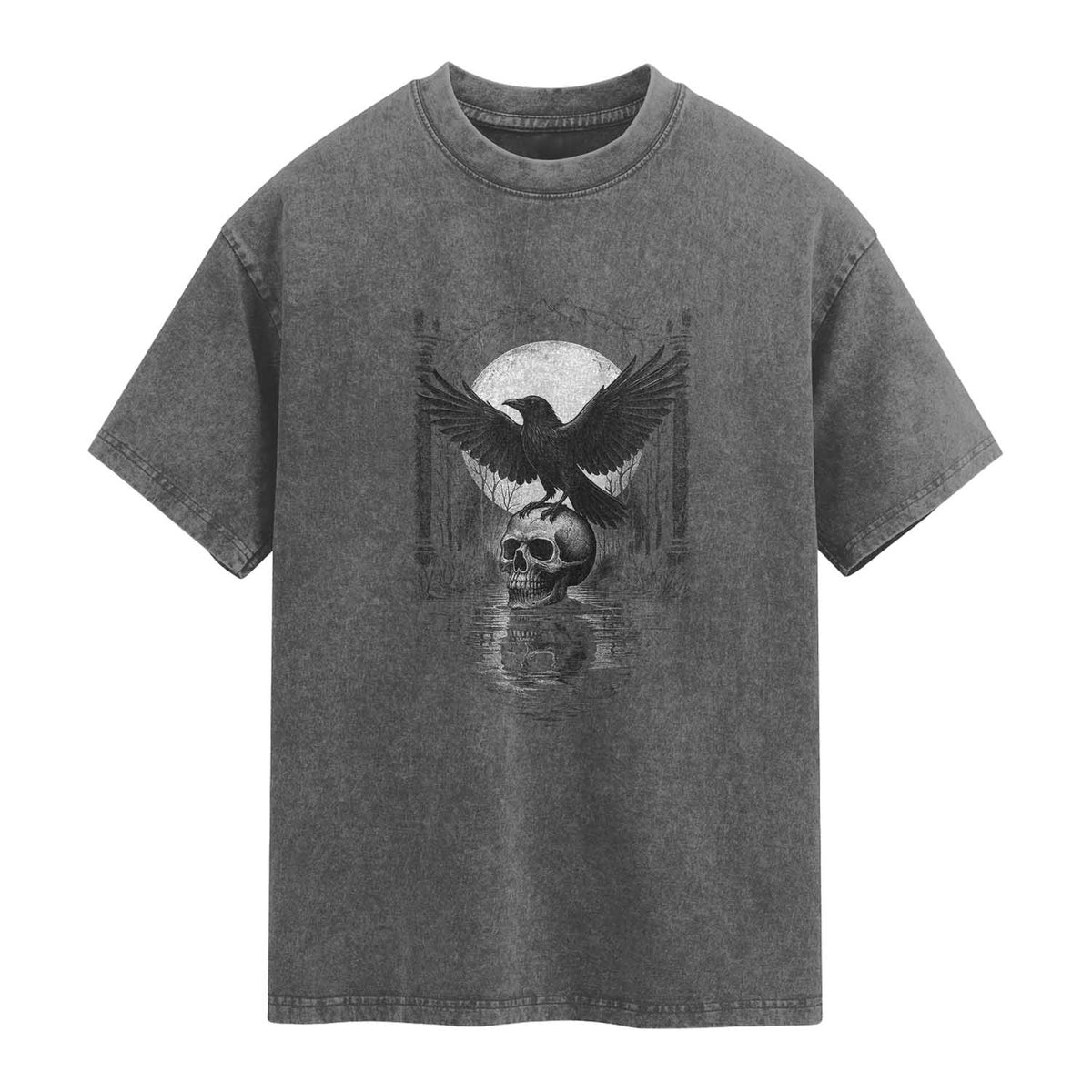 Gothic Raven On Skull With Full Moon Washed Cotton T-Shirt