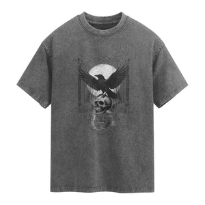 Gothic Raven On Skull With Full Moon Washed Cotton T-Shirt