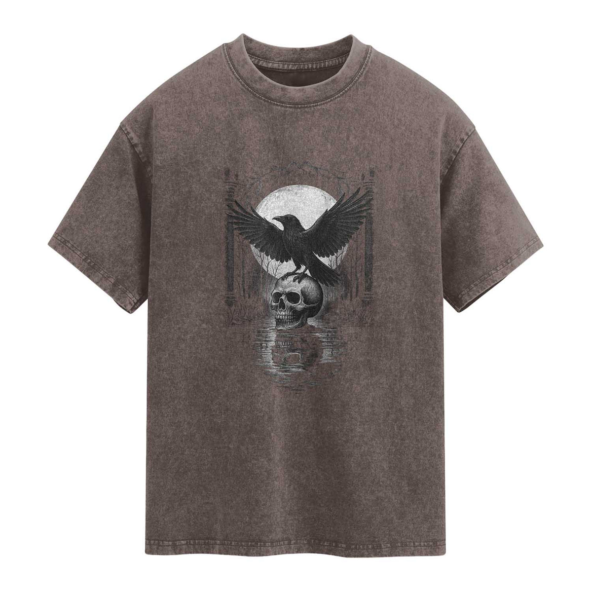 Gothic Raven On Skull With Full Moon Washed Cotton T-Shirt