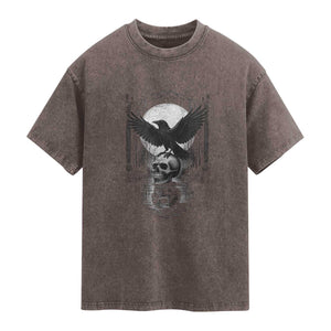 Gothic Raven On Skull With Full Moon Washed Cotton T-Shirt