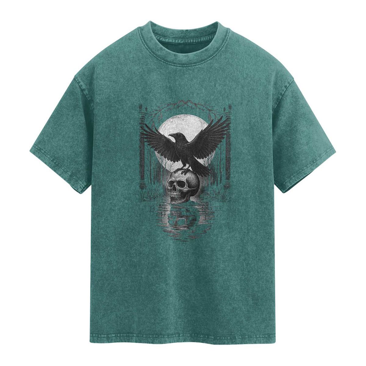 Gothic Raven On Skull With Full Moon Washed Cotton T-Shirt