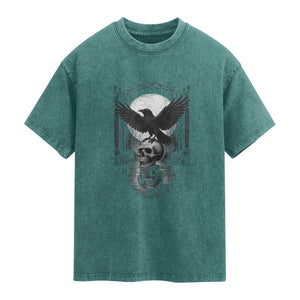 Gothic Raven On Skull With Full Moon Washed Cotton T-Shirt
