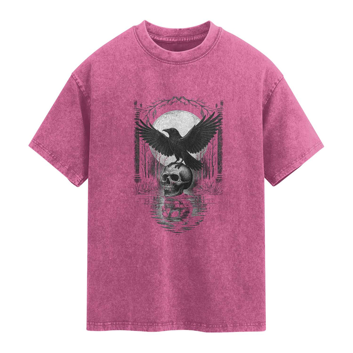 Gothic Raven On Skull With Full Moon Washed Cotton T-Shirt