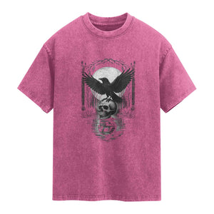 Gothic Raven On Skull With Full Moon Washed Cotton T-Shirt