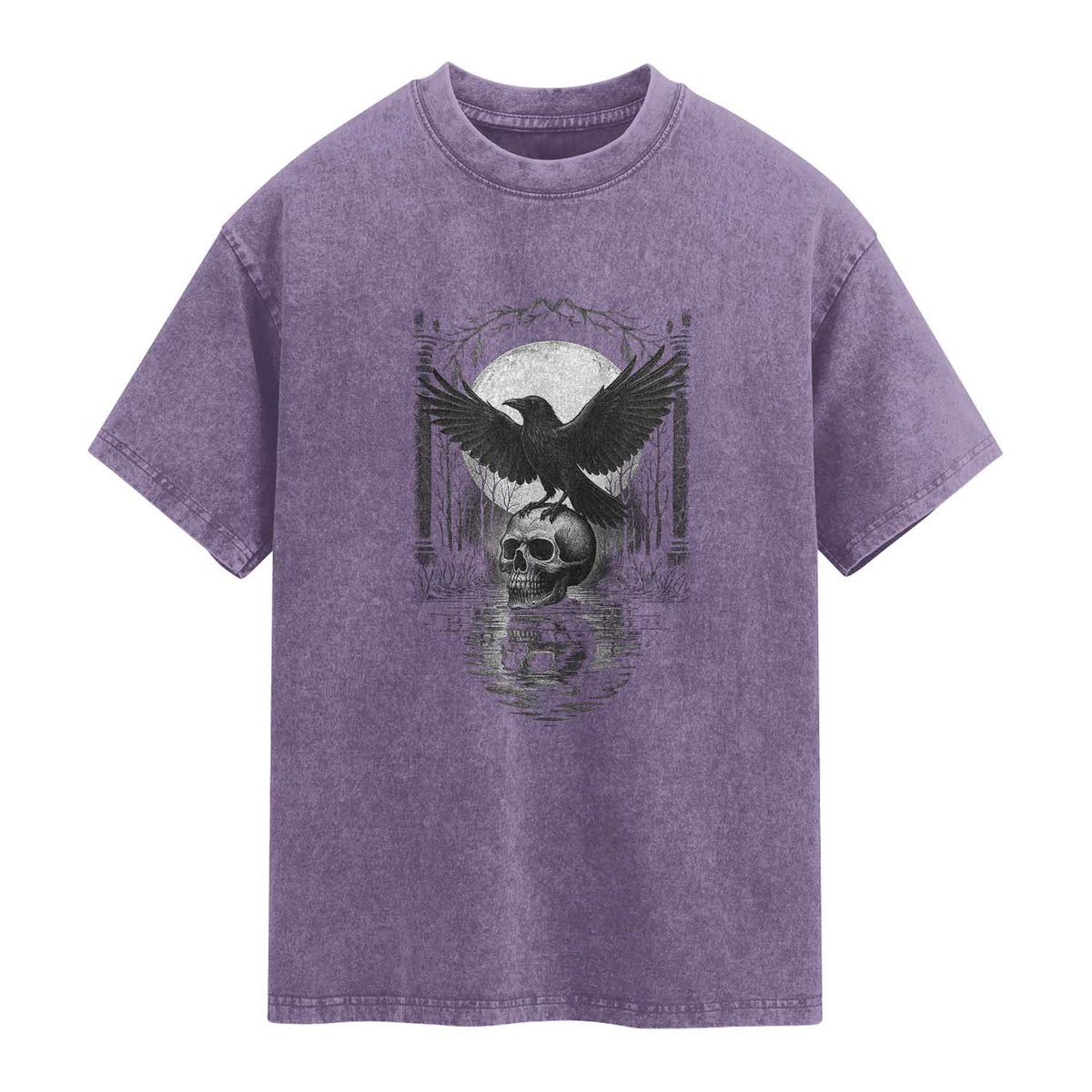 Gothic Raven On Skull With Full Moon Washed Cotton T-Shirt