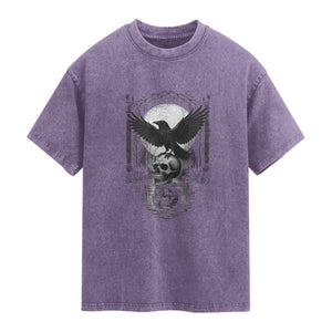 Gothic Raven On Skull With Full Moon Washed Cotton T-Shirt