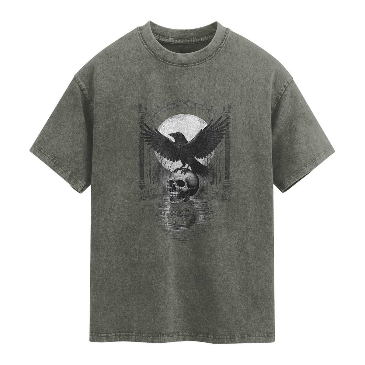 Gothic Raven On Skull With Full Moon Washed Cotton T-Shirt