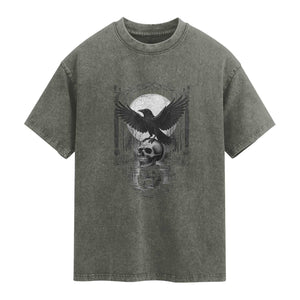 Gothic Raven On Skull With Full Moon Washed Cotton T-Shirt