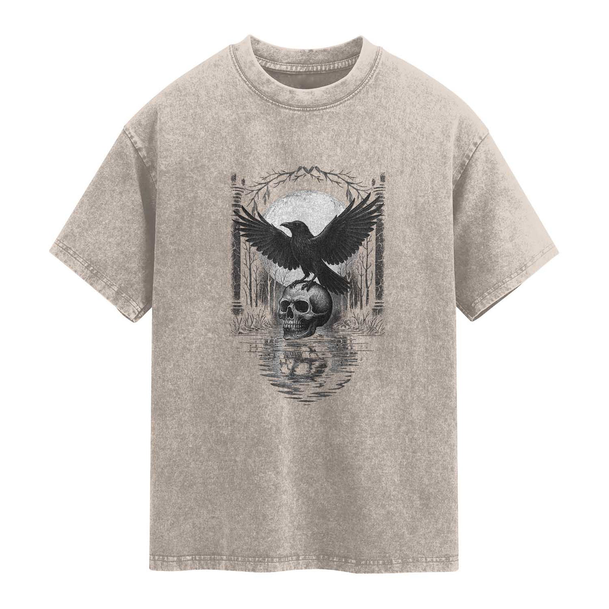 Gothic Raven On Skull With Full Moon Washed Cotton T-Shirt