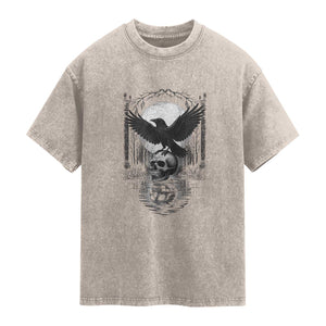 Gothic Raven On Skull With Full Moon Washed Cotton T-Shirt