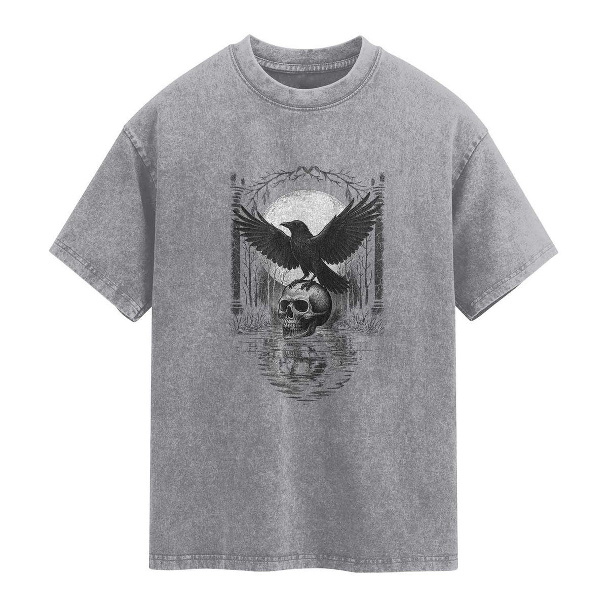Gothic Raven On Skull With Full Moon Washed Cotton T-Shirt