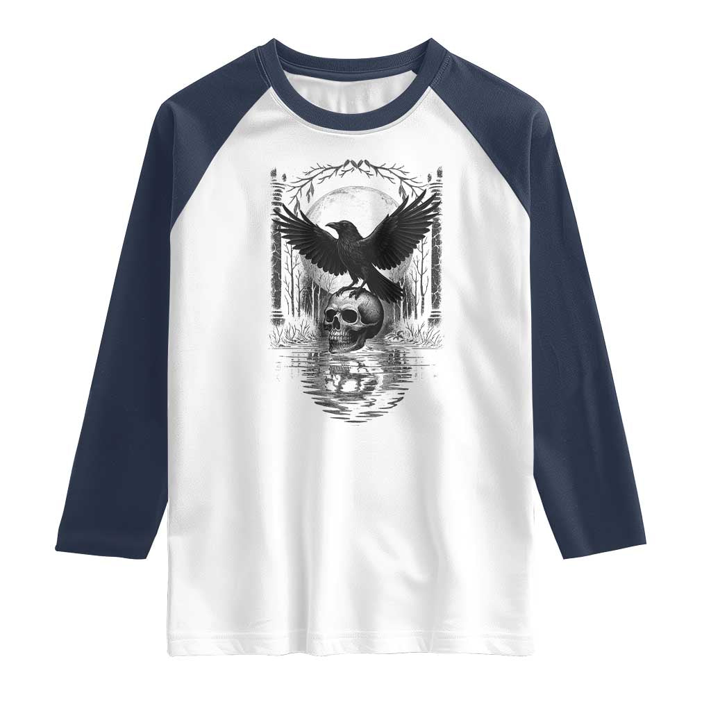 Gothic Raven On Skull With Full Moon Raglan Shirt TS12 White Navy Print Your Wear