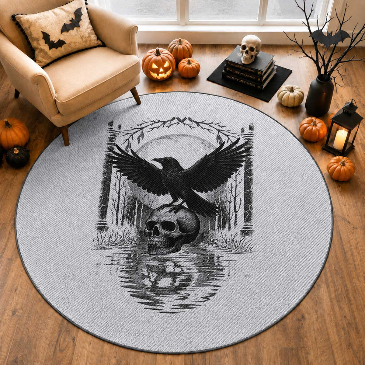 Gothic Raven On Skull With Full Moon Round Rug
