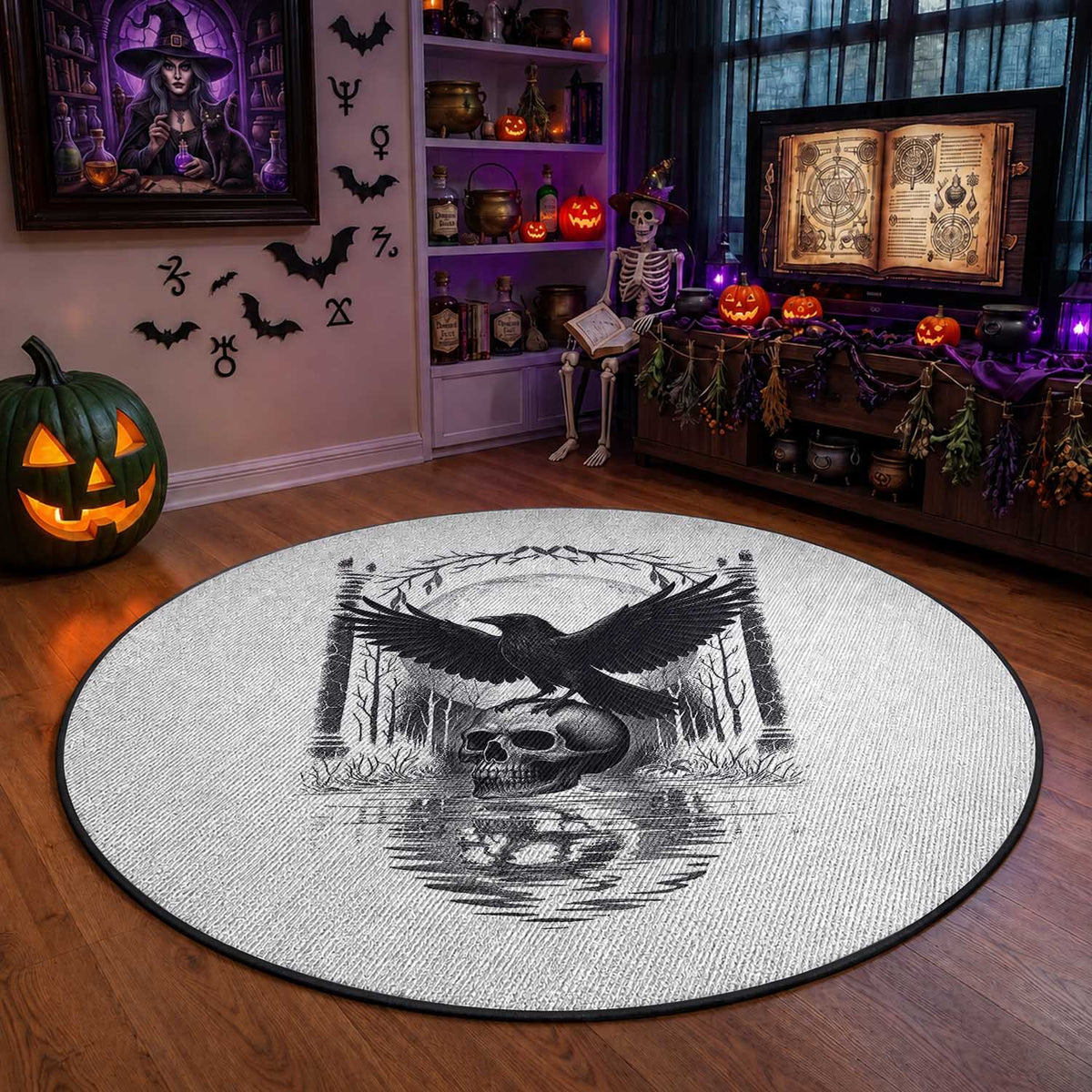 Gothic Raven On Skull With Full Moon Round Rug
