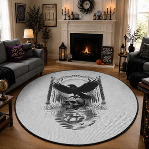 Gothic Raven On Skull With Full Moon Round Rug