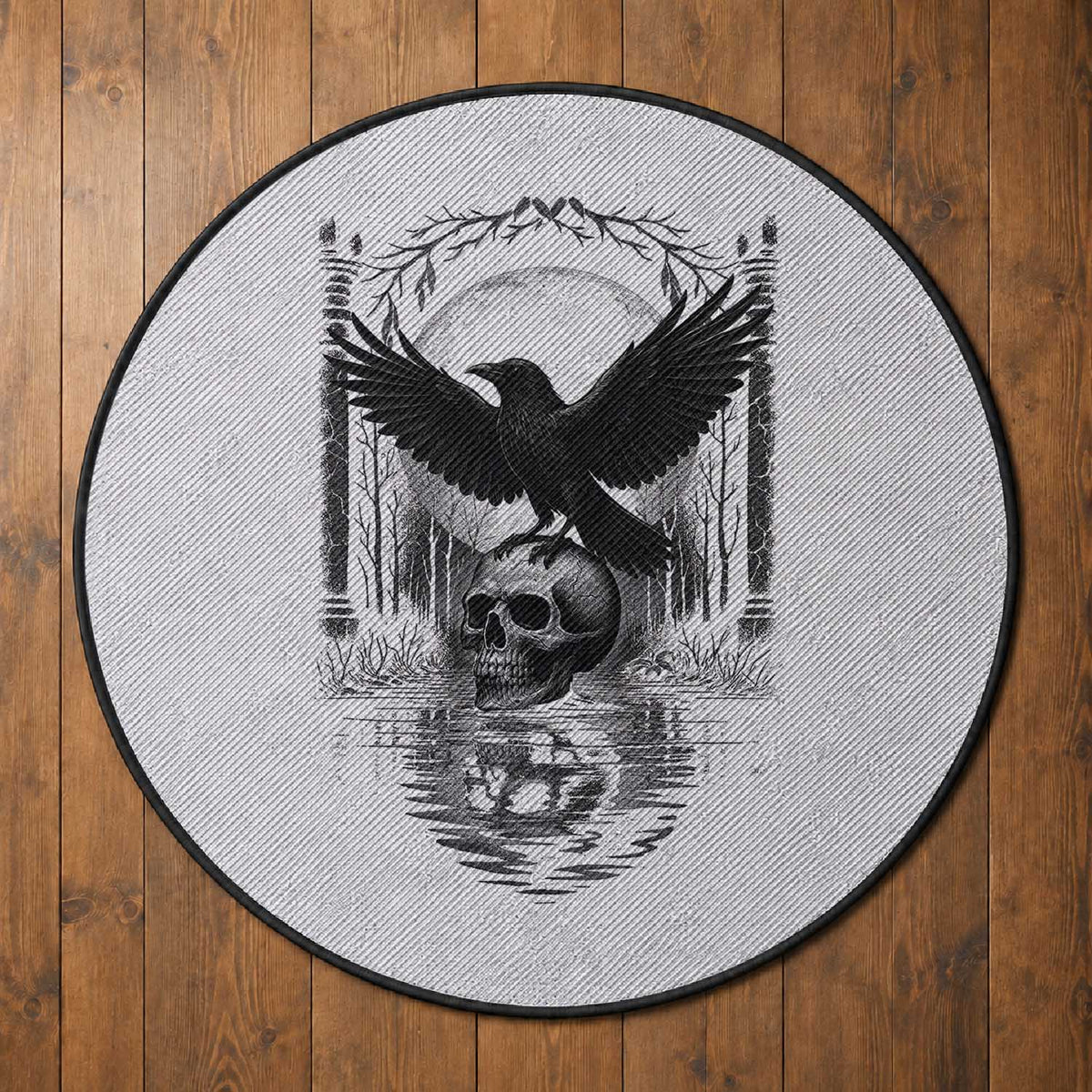 Gothic Raven On Skull With Full Moon Round Rug