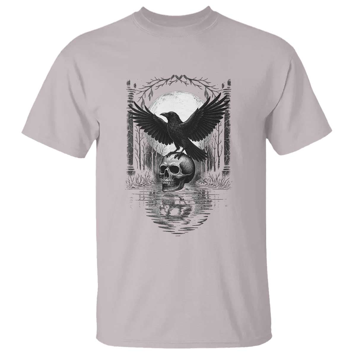 Gothic Raven On Skull With Full Moon T Shirt TS12 Ice Gray Print Your Wear