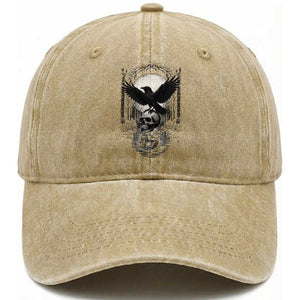 Gothic Raven On Skull With Full Moon Washed Cotton Baseball Cap - Dark Aesthetic TS12 Print Your Wear