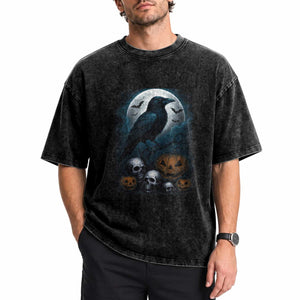 Halloween Gothic Raven Washed Cotton T-Shirt Full Moon Horror Art