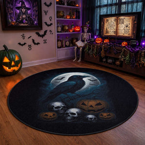 Halloween Gothic Raven Round Rug Full Moon Horror Art