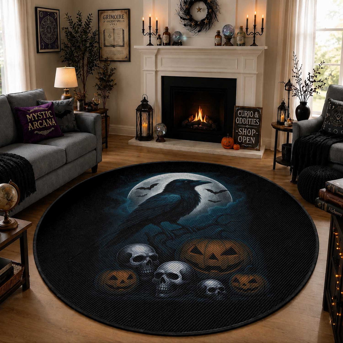 Halloween Gothic Raven Round Rug Full Moon Horror Art