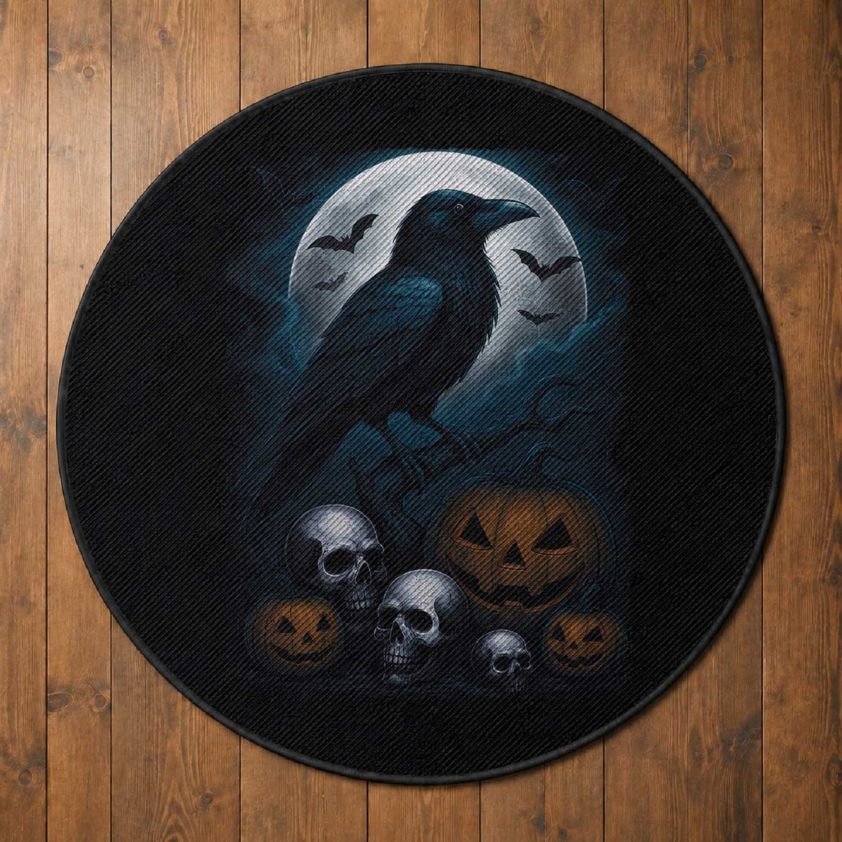 Halloween Gothic Raven Round Rug Full Moon Horror Art
