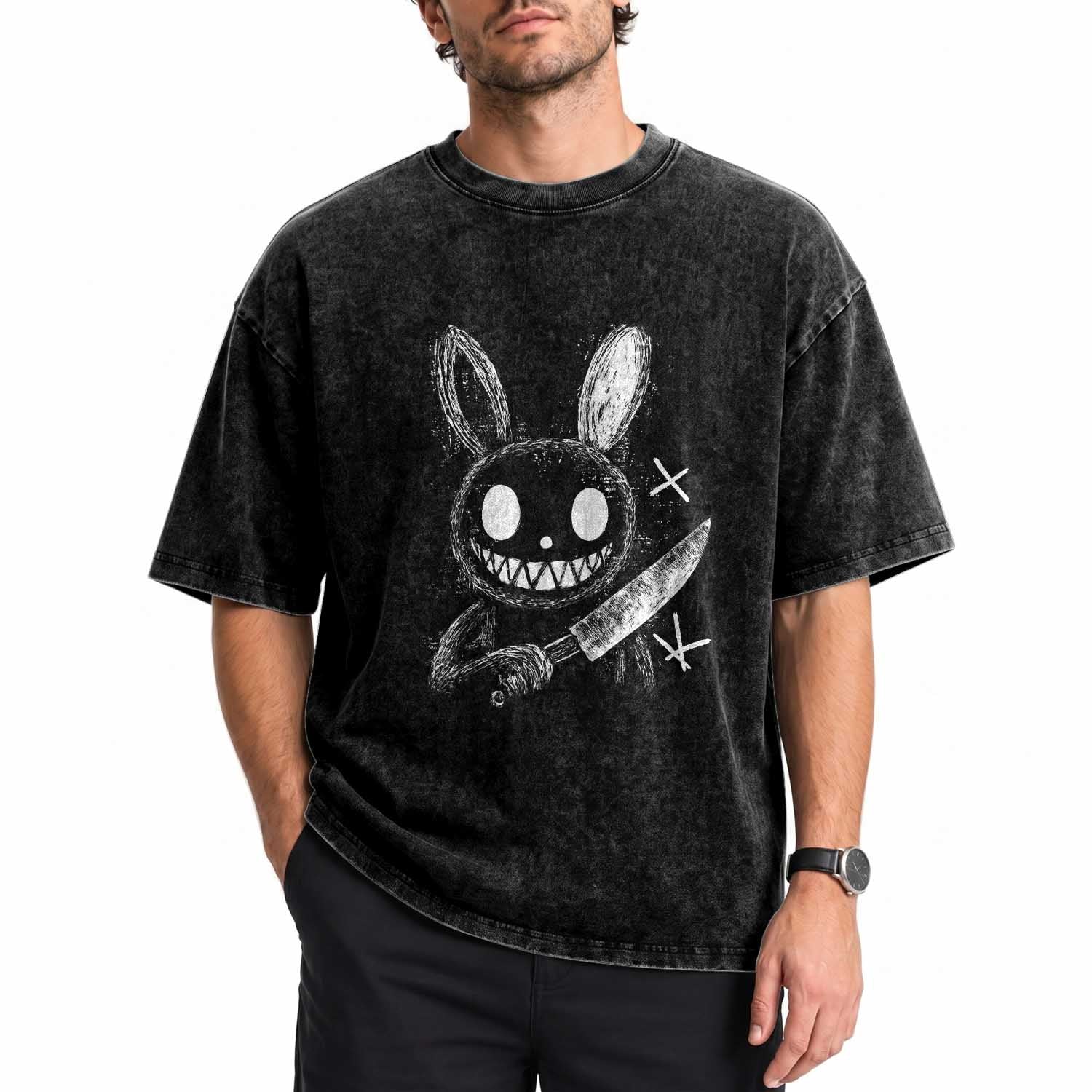 Funny Creepy Bunny With Knife Washed Cotton T-Shirt Cute Horror Aesthetic