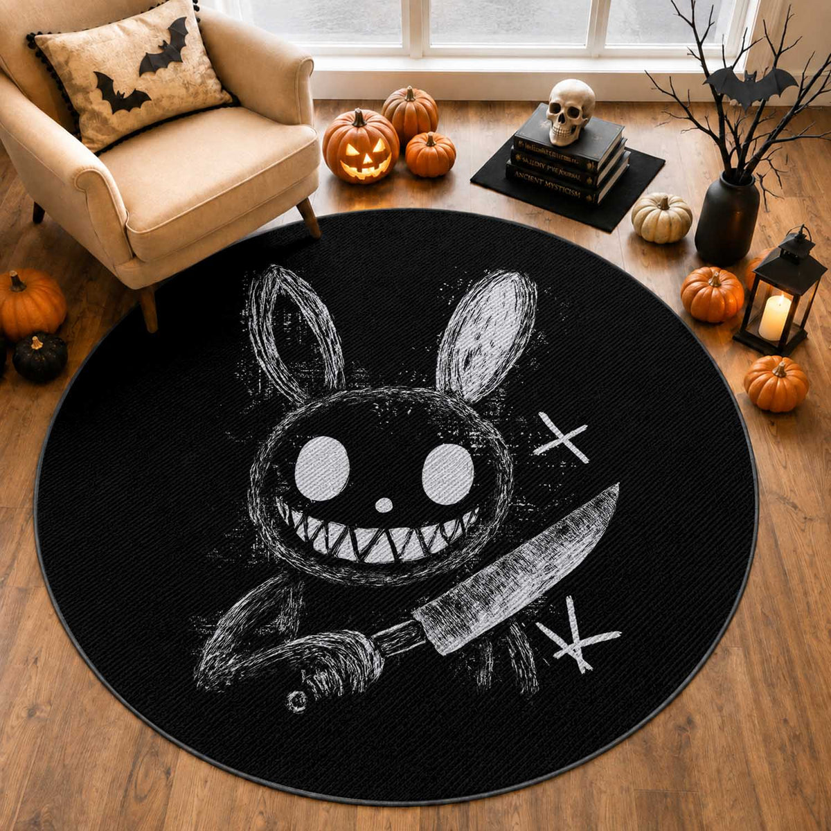 Funny Creepy Bunny With Knife Round Rug Cute Horror Aesthetic