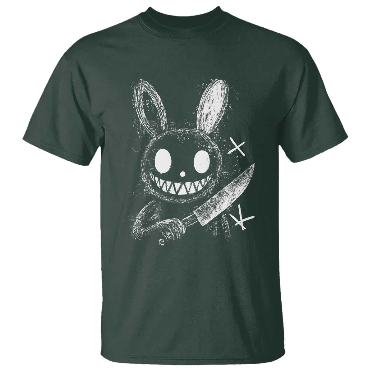 Funny Creepy Bunny With Knife T Shirt Cute Horror Aesthetic TS12 Dark Forest Green Print Your Wear