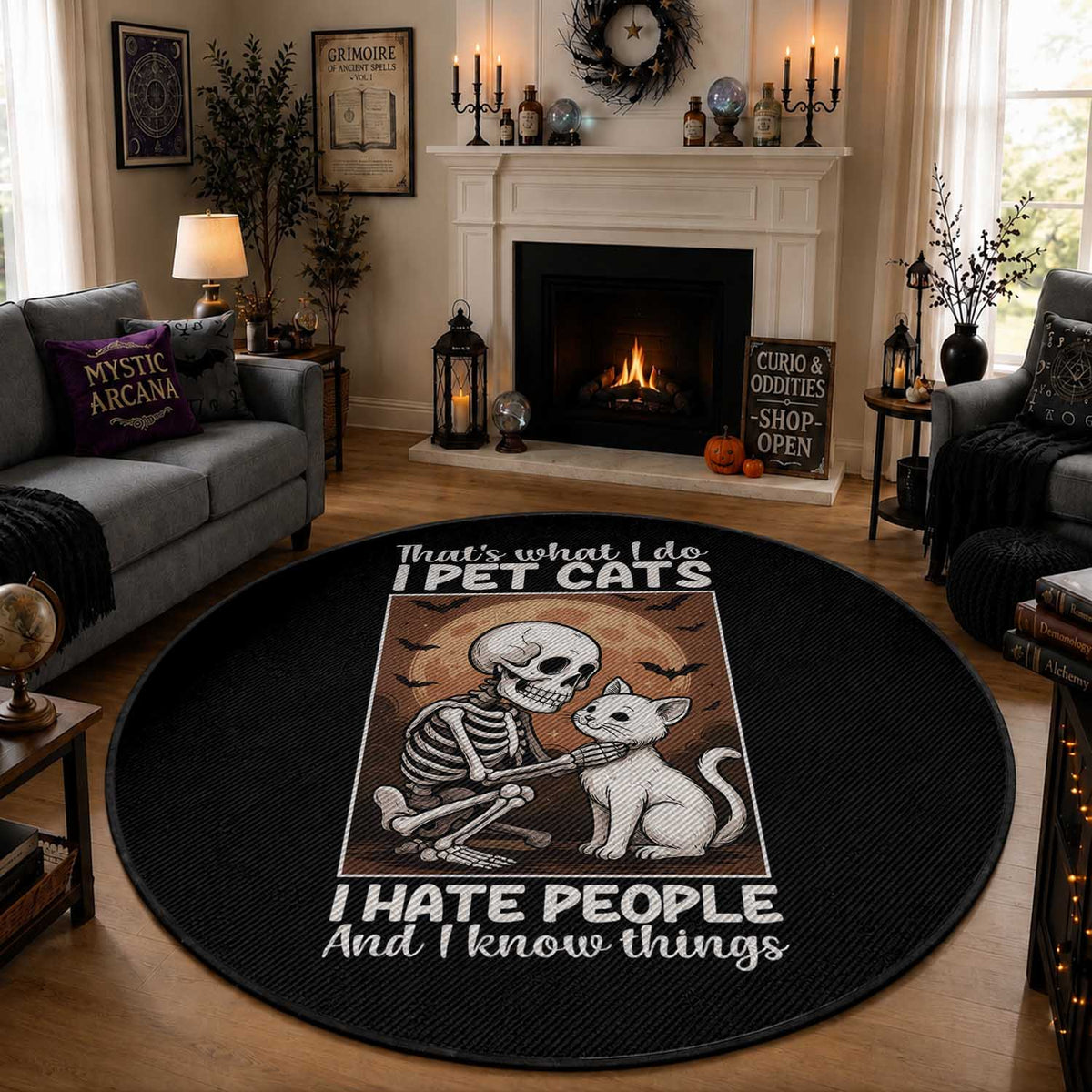 Funny Skeleton Cat Round Rug Thats What I Do I Pet Cats I Hate People And I Know Things
