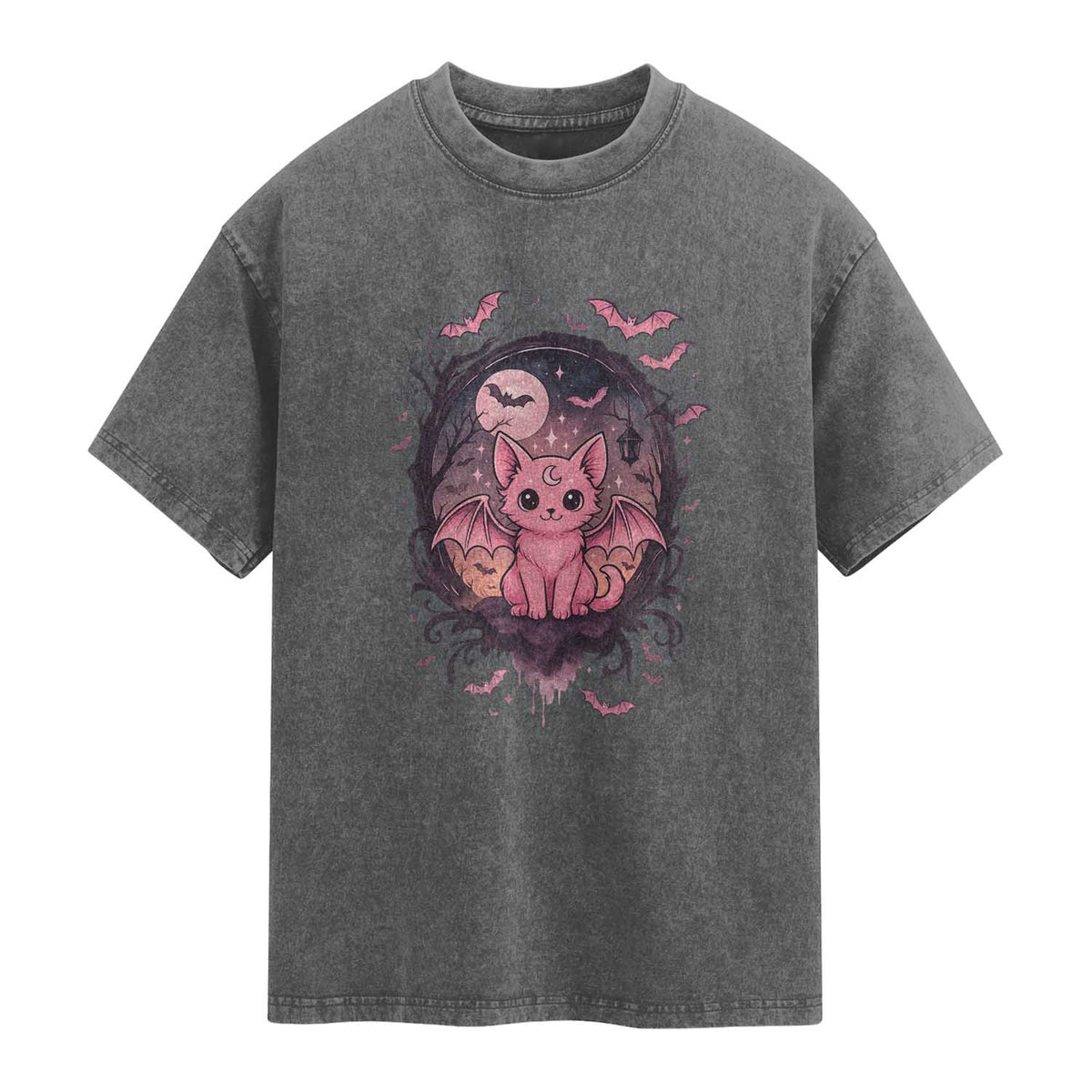 Cute Pastel Goth Bat Cat Washed Cotton T-Shirt Funny Gothic Halloween Art