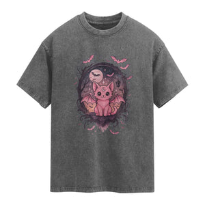 Cute Pastel Goth Bat Cat Washed Cotton T-Shirt Funny Gothic Halloween Art