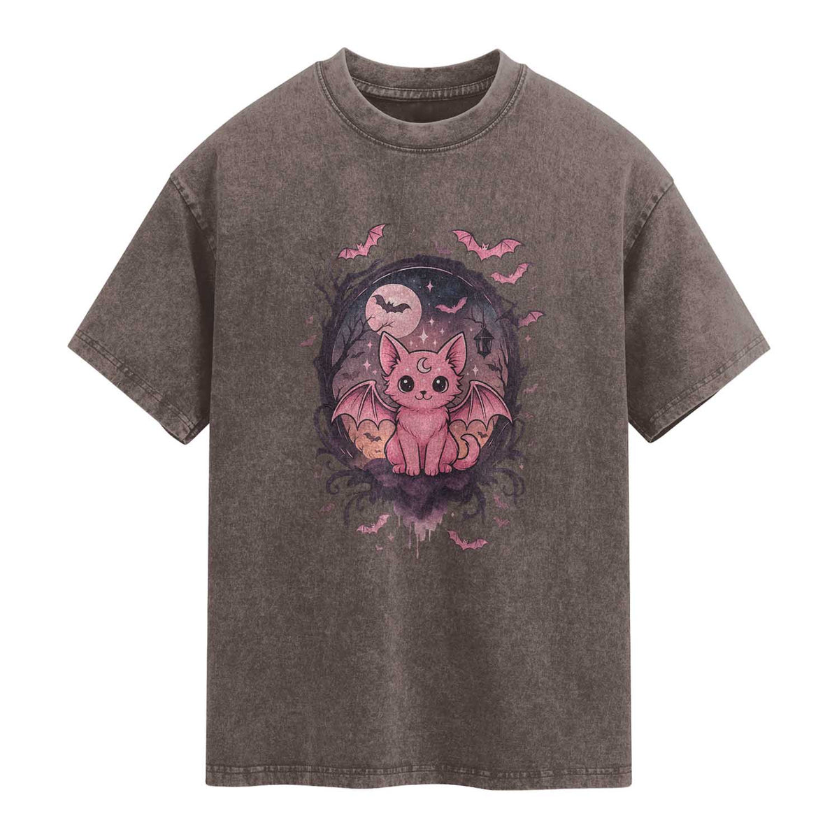 Cute Pastel Goth Bat Cat Washed Cotton T-Shirt Funny Gothic Halloween Art