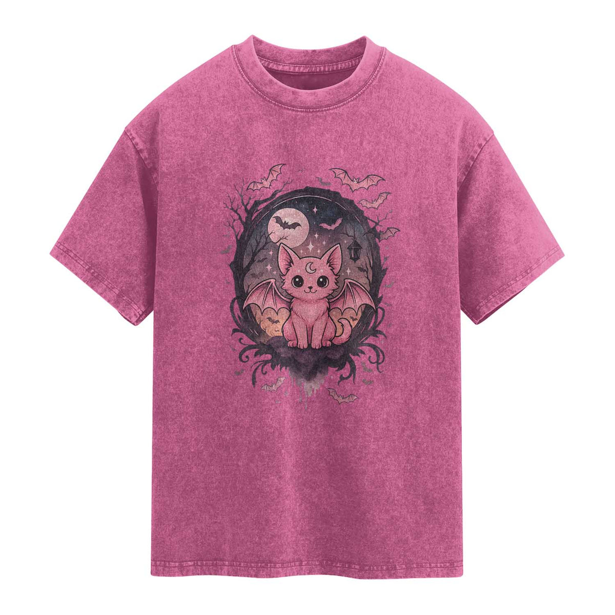 Cute Pastel Goth Bat Cat Washed Cotton T-Shirt Funny Gothic Halloween Art