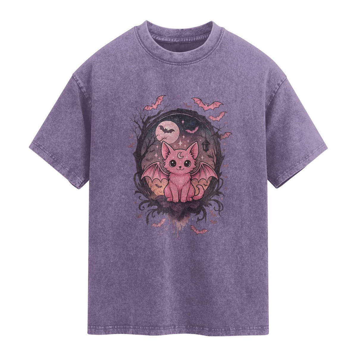 Cute Pastel Goth Bat Cat Washed Cotton T-Shirt Funny Gothic Halloween Art