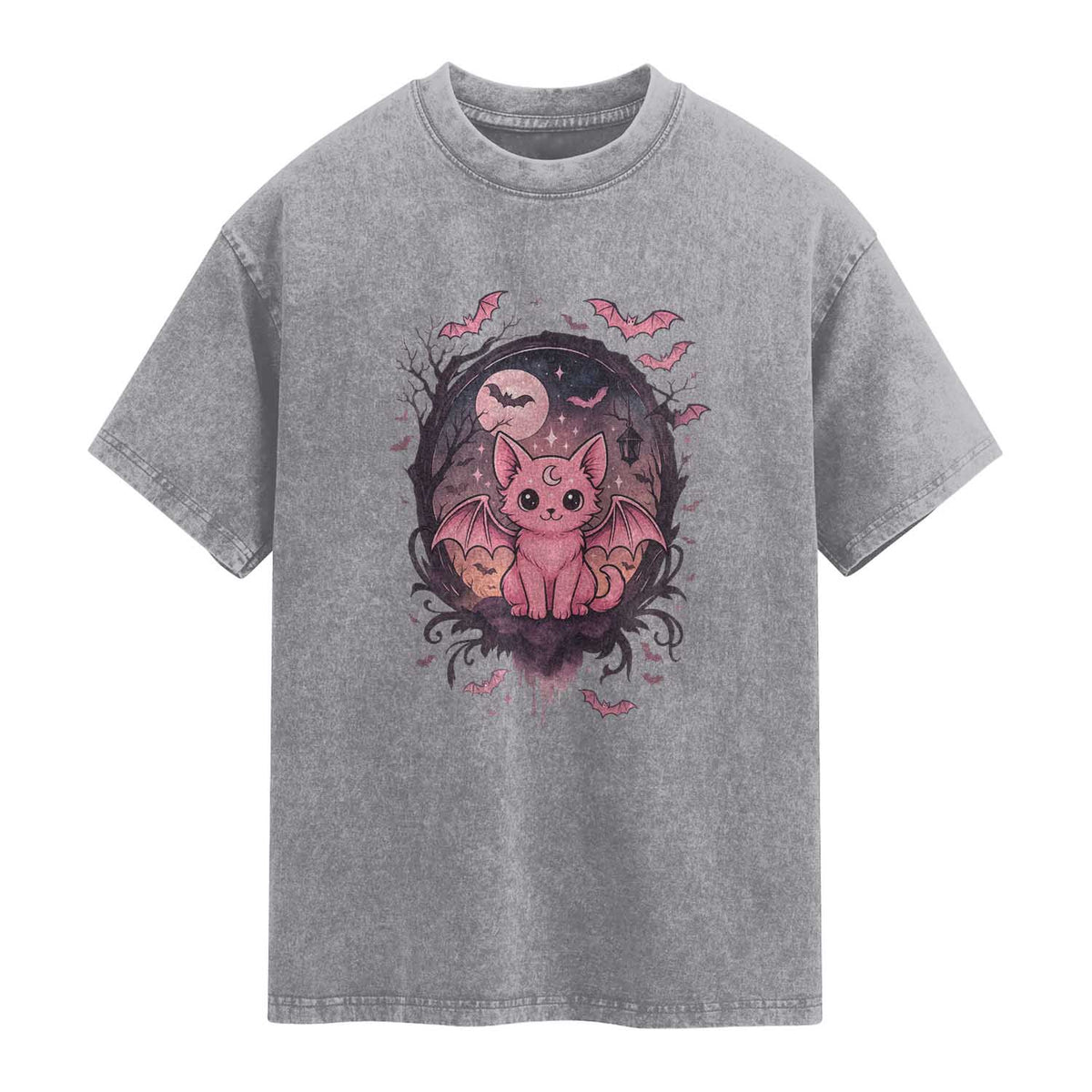Cute Pastel Goth Bat Cat Washed Cotton T-Shirt Funny Gothic Halloween Art