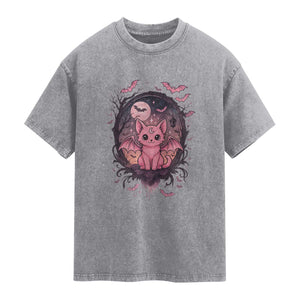 Cute Pastel Goth Bat Cat Washed Cotton T-Shirt Funny Gothic Halloween Art