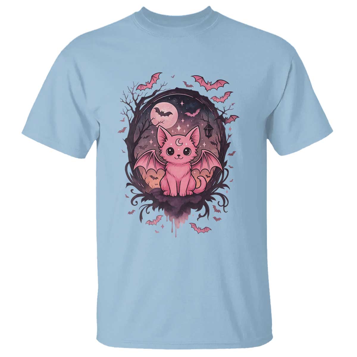 Cute Pastel Goth Bat Cat T Shirt Funny Gothic Halloween Art TS12 Light Blue Print Your Wear