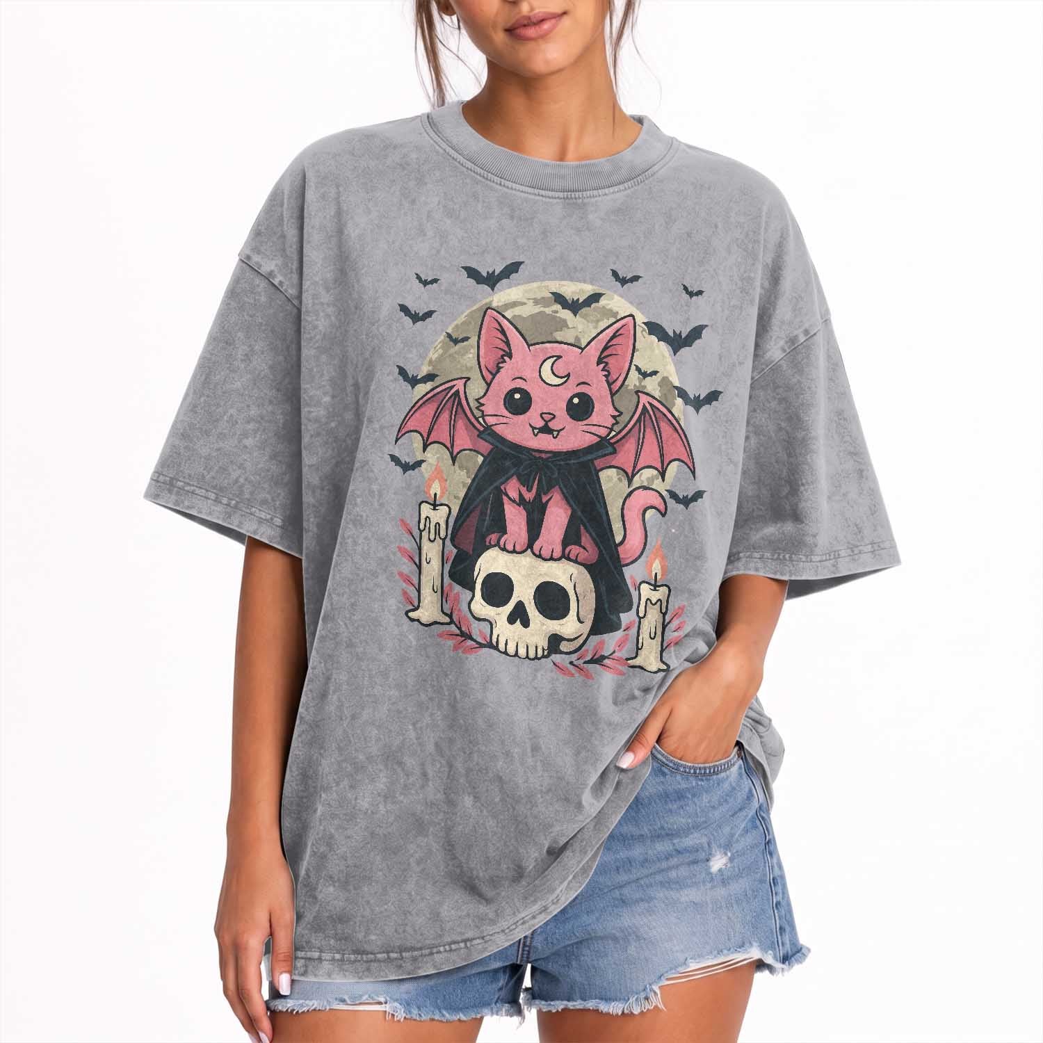 Cute Pastel Goth Vampire Cat Washed Cotton T-Shirt Funny Gothic Halloween Art