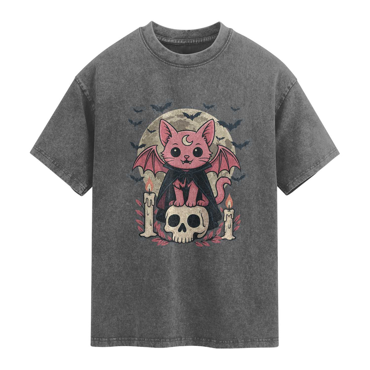 Cute Pastel Goth Vampire Cat Washed Cotton T-Shirt Funny Gothic Halloween Art